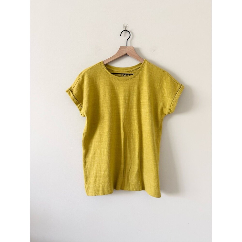 LOFT Yellow Cotton Crewneck Rolled Cuff Short Sleeve Top Size S